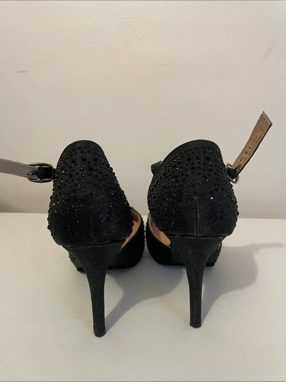 Black Rhinestone Ankle-Strap Platform Heels
